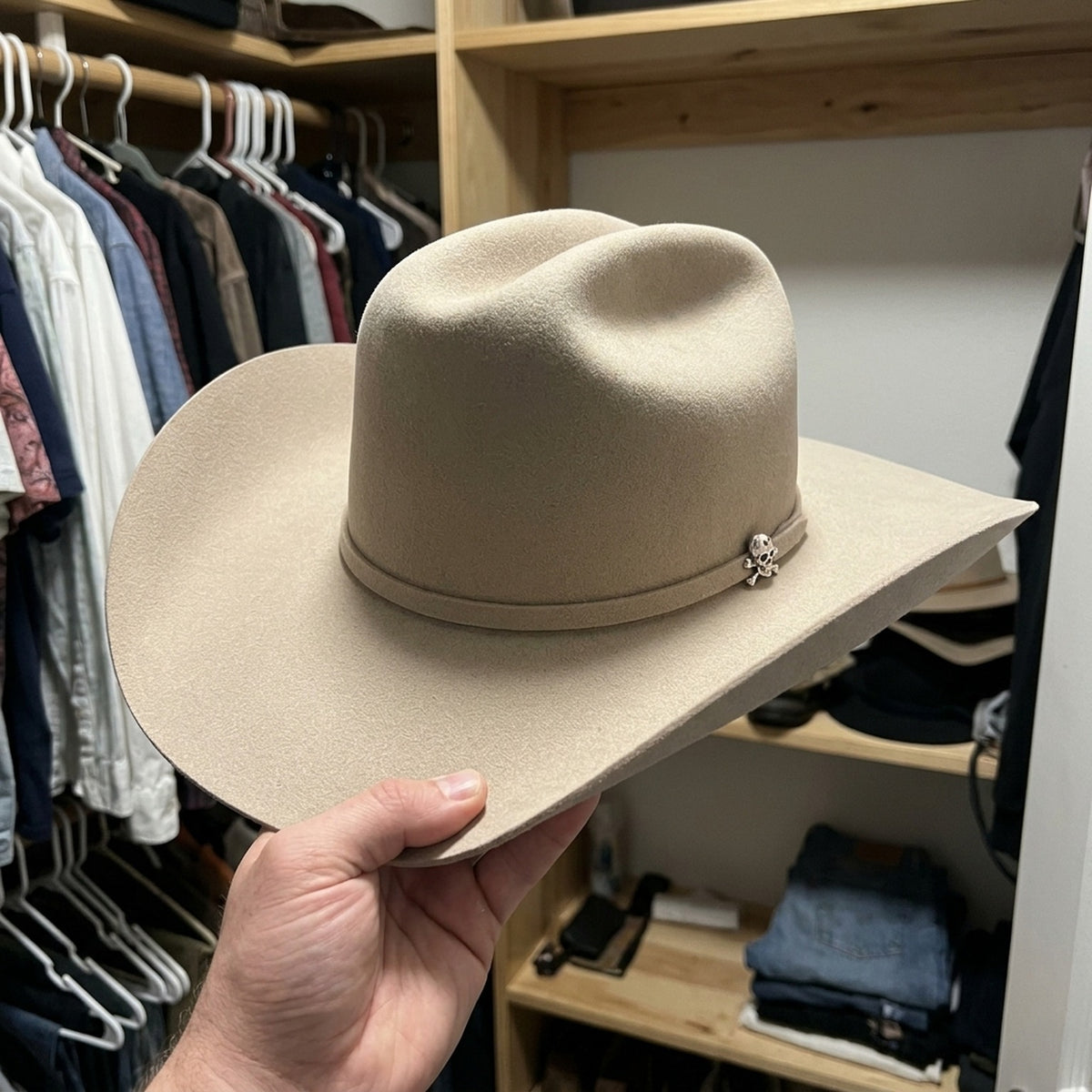Camel Felt Cowboy Hat with Pinched Crown and Curved Brim