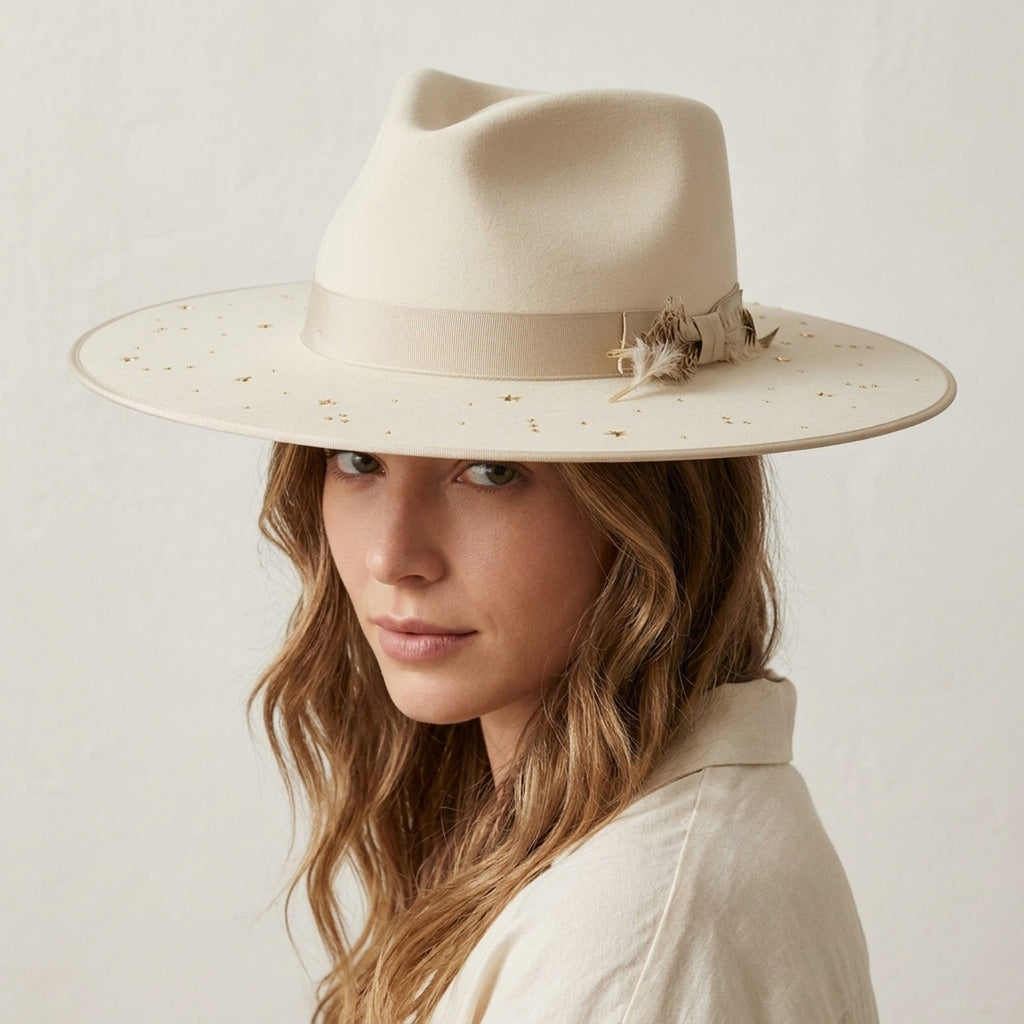 Cream Wool Felt Fedora with Star Cutout Brim and Grosgrain Band