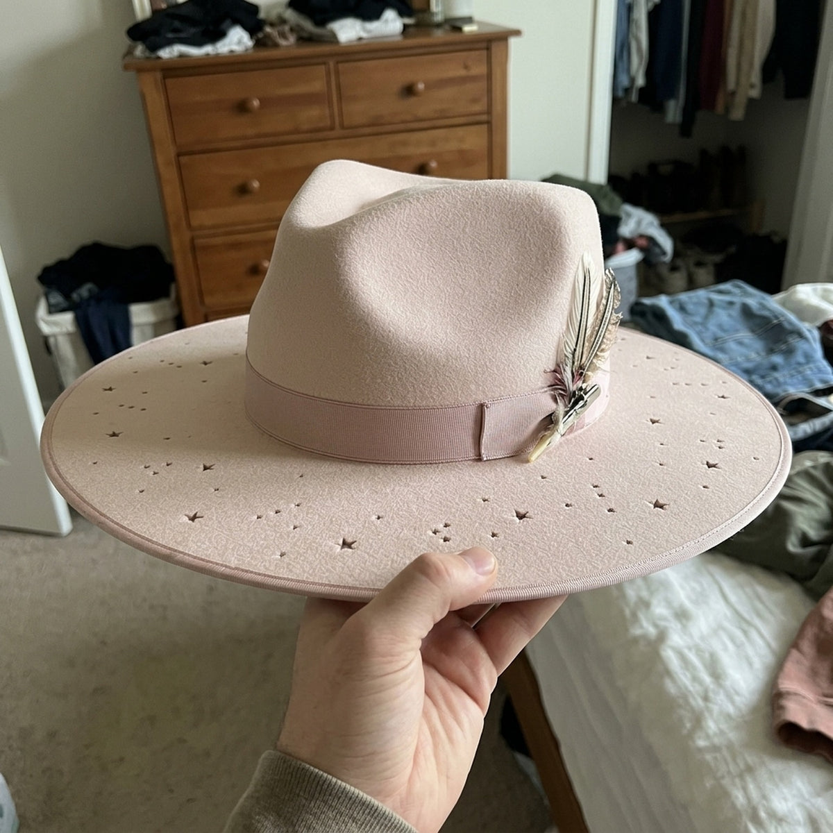Blush Pink Wide Brim Felt Hat with Star Cutouts and Tassel