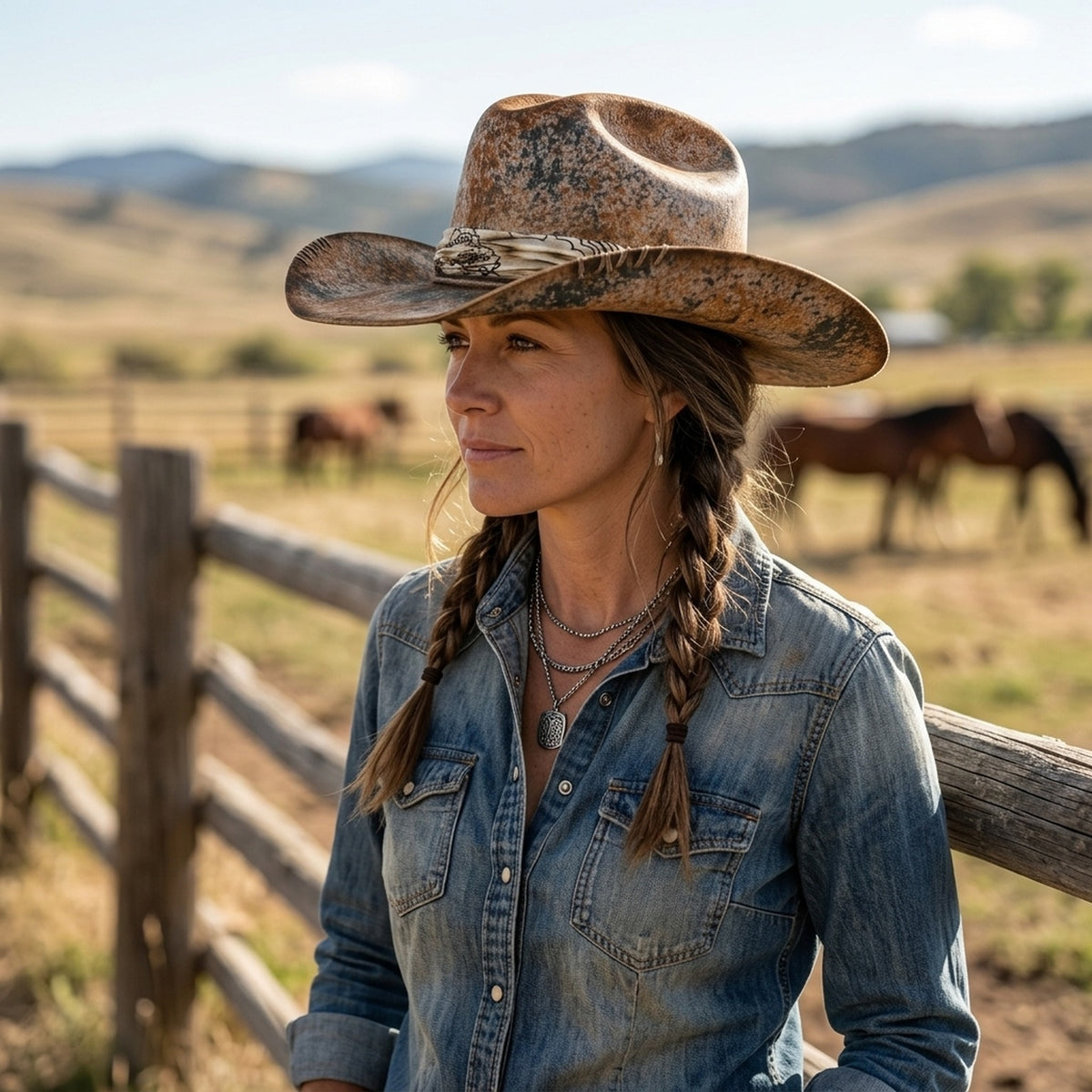 Weathered Brown Cowboy Hat with Paisley Bandana and Stitching