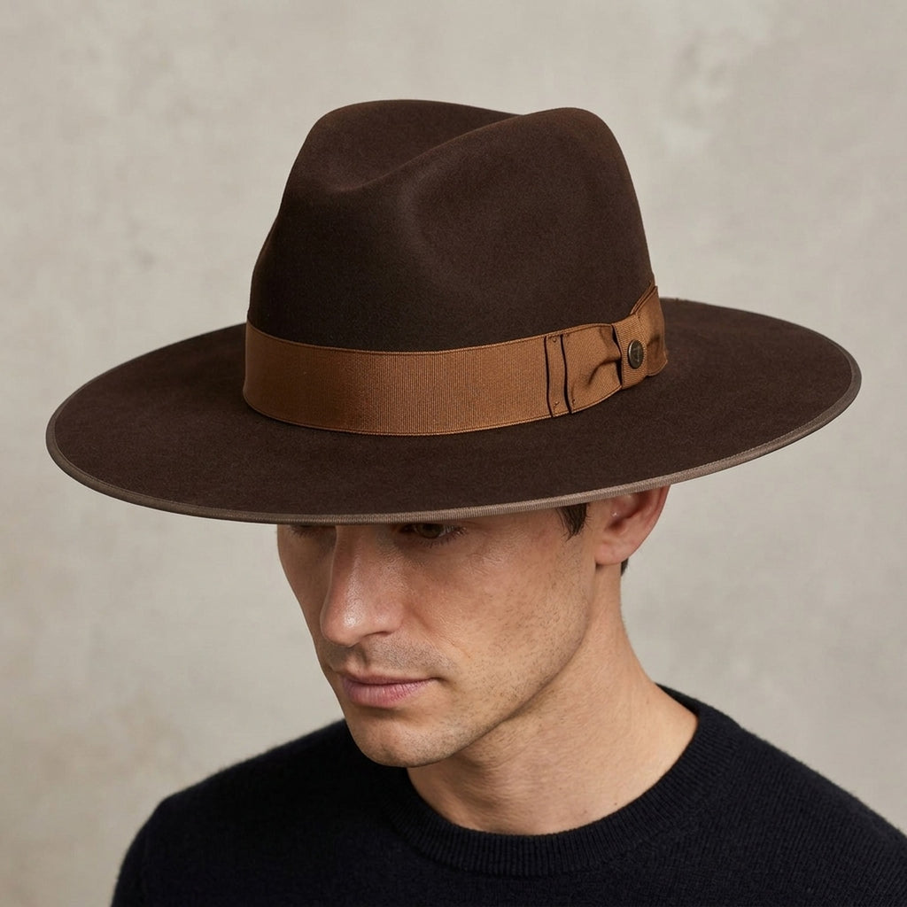 Dark Brown Felt Fedora with Caramel Ribbon and Edge Trim