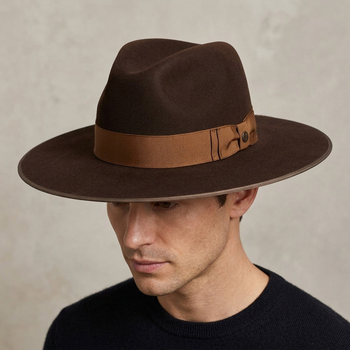 Dark Brown Felt Fedora with Caramel Ribbon and Edge Trim