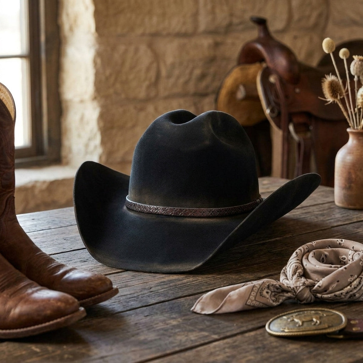 Distressed Black Felt Cowboy Hat with Tooled Leather Band