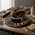 Brown Fedora Hat with Hand-Painted Moon Phases on Brim
