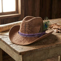Brown Fedora with Peacock Feather and Leaf Embroidery