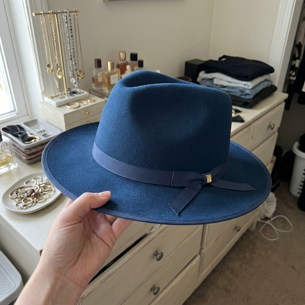 Navy Blue Felt Fedora Hat with Grosgrain Band - Classic