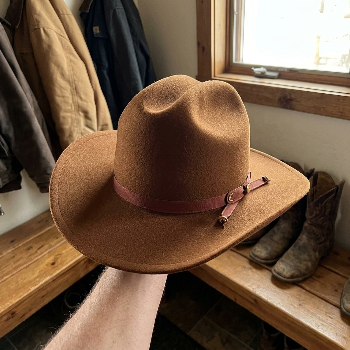 Rust Felt Western Hat with Grosgrain Ribbon - Cowboy Style