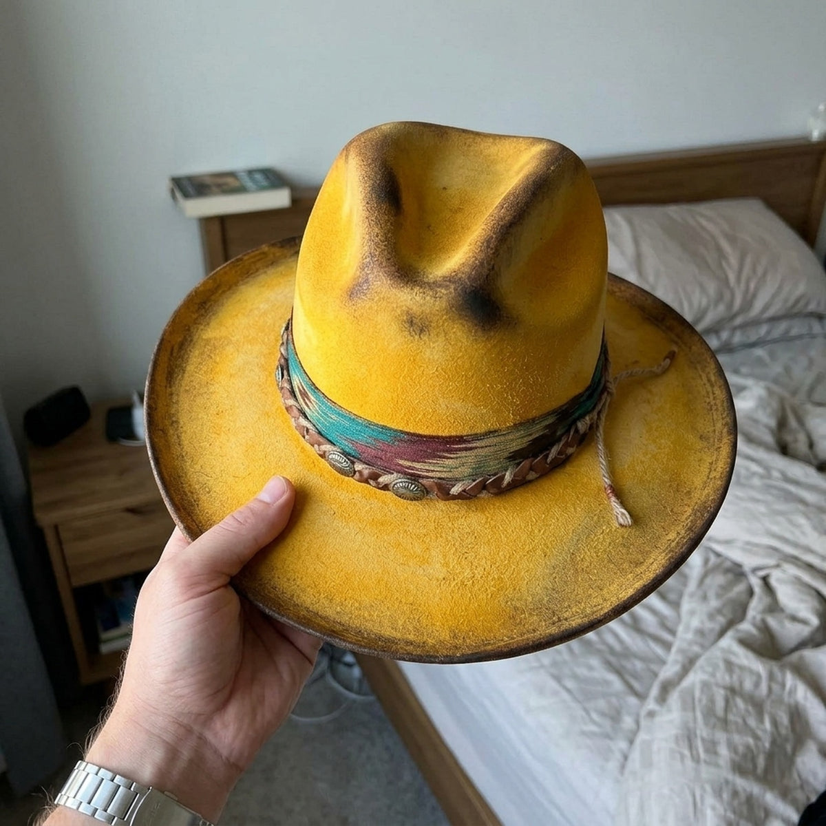Festival Yellow Fedora with Braided Leather Concho Band