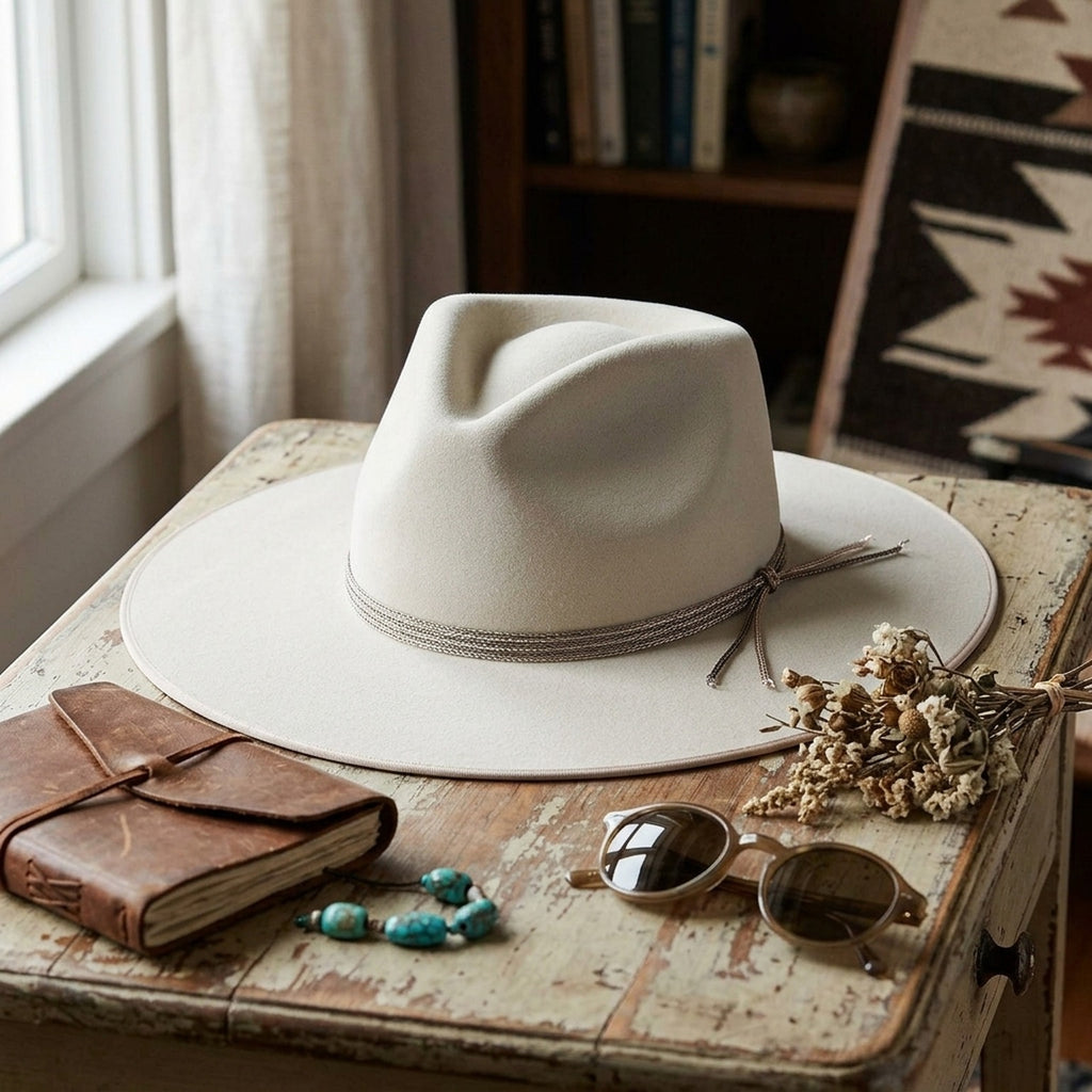 Cream Wool Felt Fedora with Chain Braided Band and Tasseled Tie