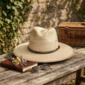 Natural Straw Sun Hat with Feather Band and Wide Brim Crown