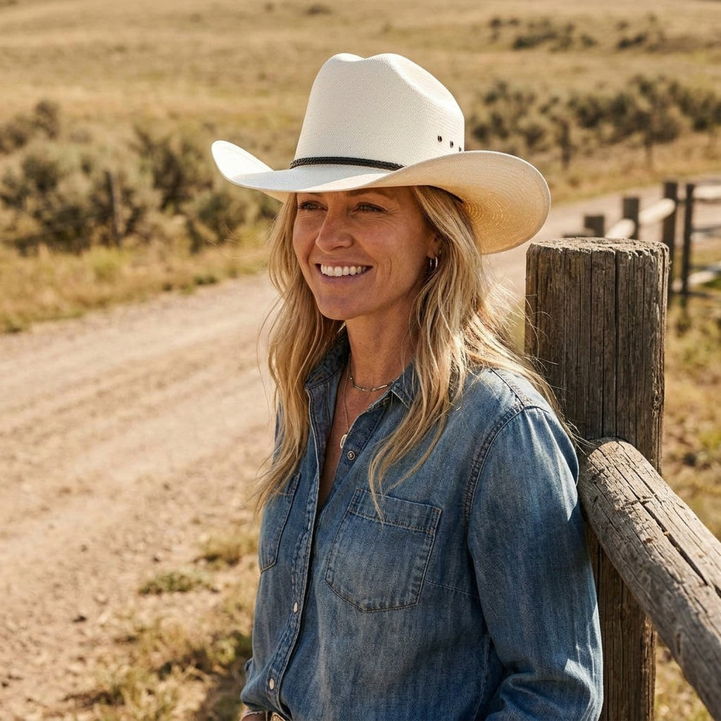 Unisex White Straw Cowboy Hat with Braided Band and Knot Detail
