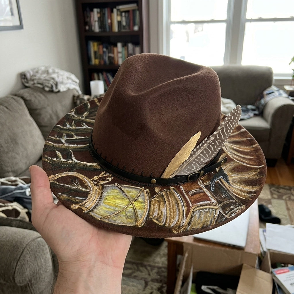 Hand-Painted Brown Western Fedora with Feather and Leather Band