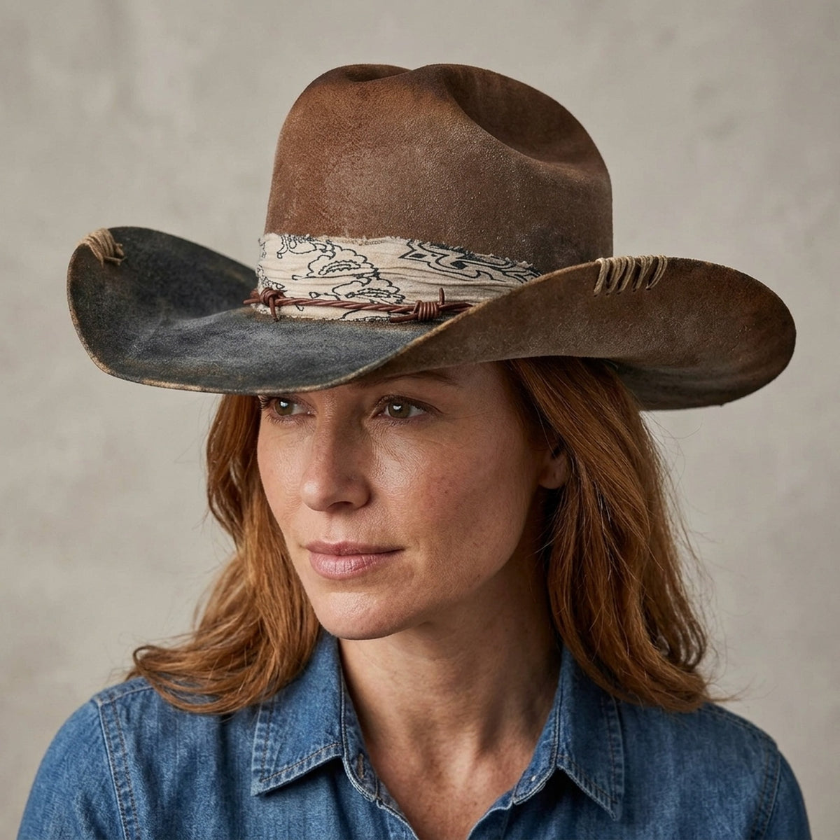 Brown Rust Wool Felt Cowboy Hat with Barbed Wire Band