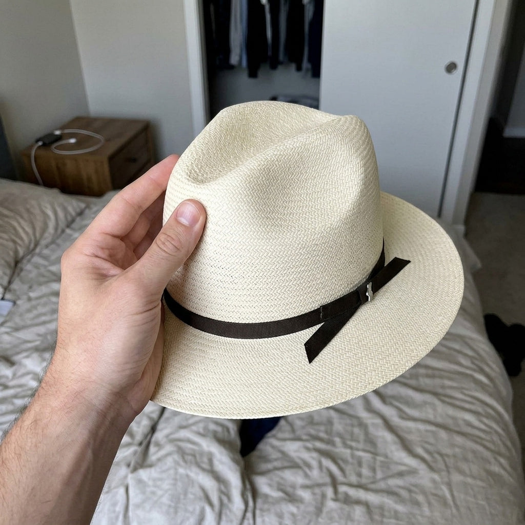 Cream Straw Panama Hat with Brown Band for Elegant Warm Weather
