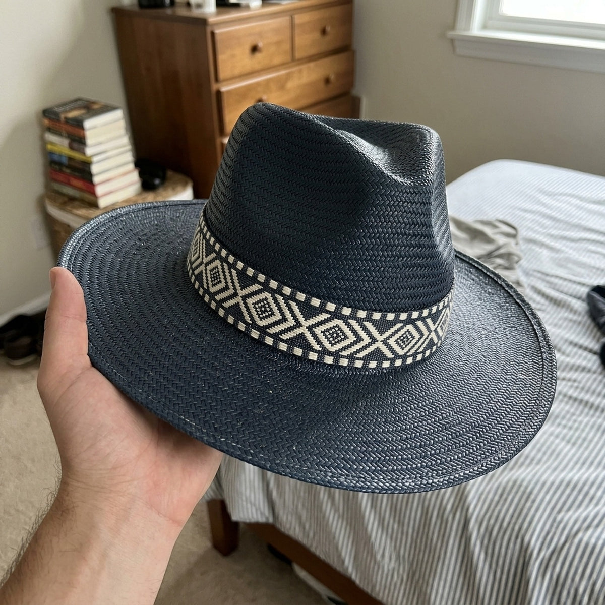 Unisex Navy Straw Panama Hat with Geometric Pattern Band