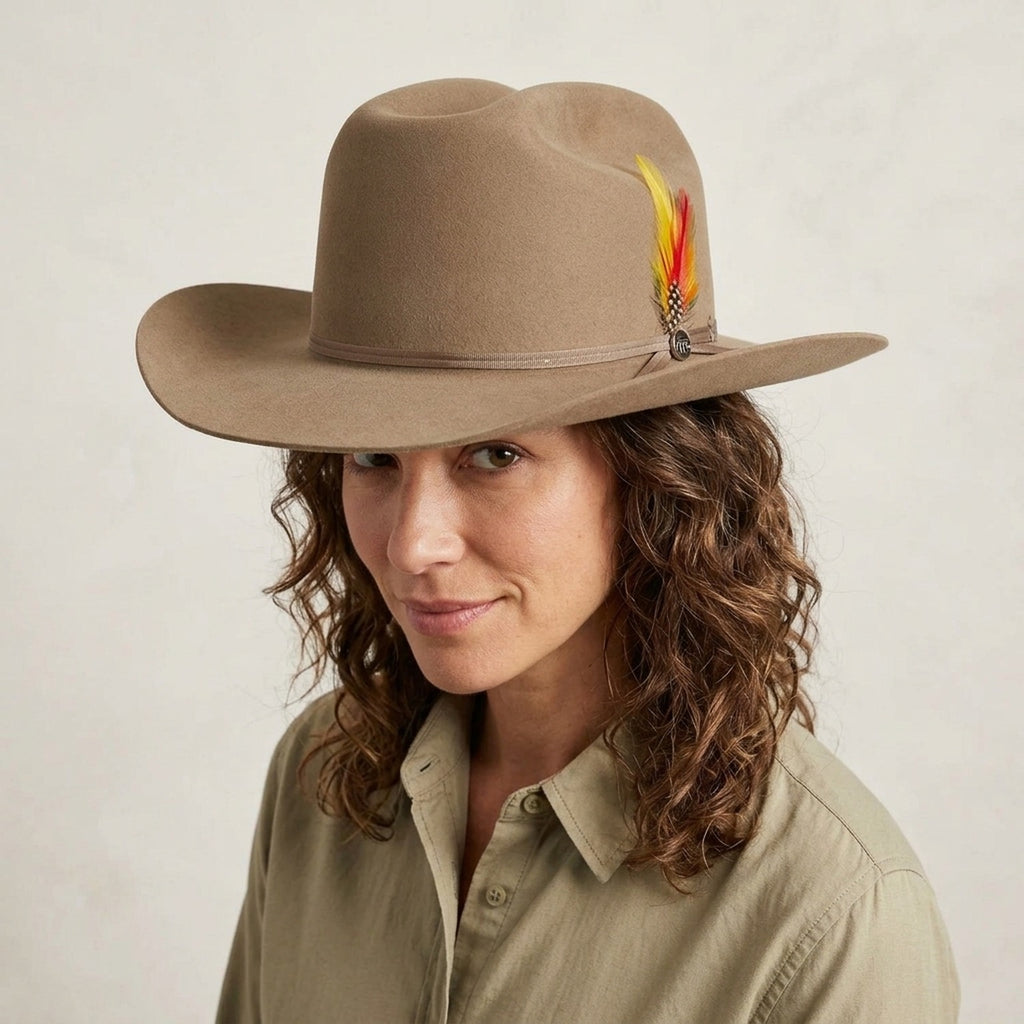 Beige Wool Felt Cowboy Hat with Ribbon Band and Feather Accent