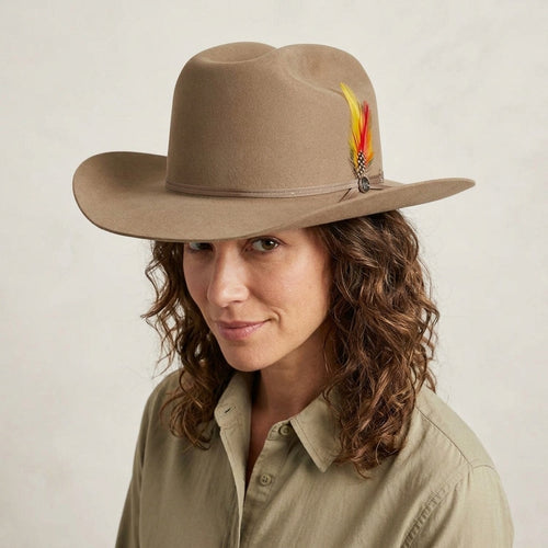 Beige Wool Felt Cowboy Hat with Ribbon Band and Feather Accent