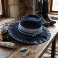 Black Felt Fedora with Tie-Dye Brim Lizard Charm Beaded Trim