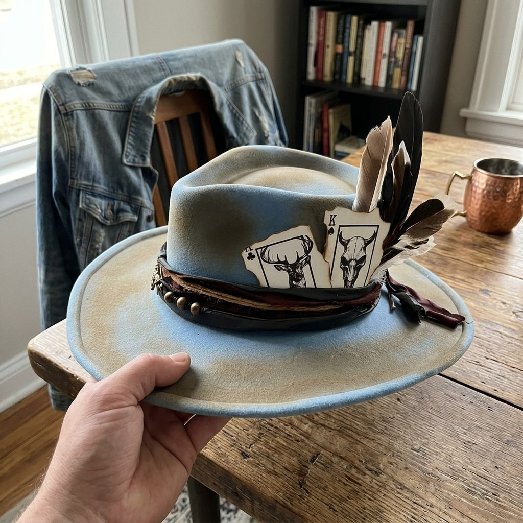 Sky Blue Distressed Western Hat With Skull Cards And Leather Straps
