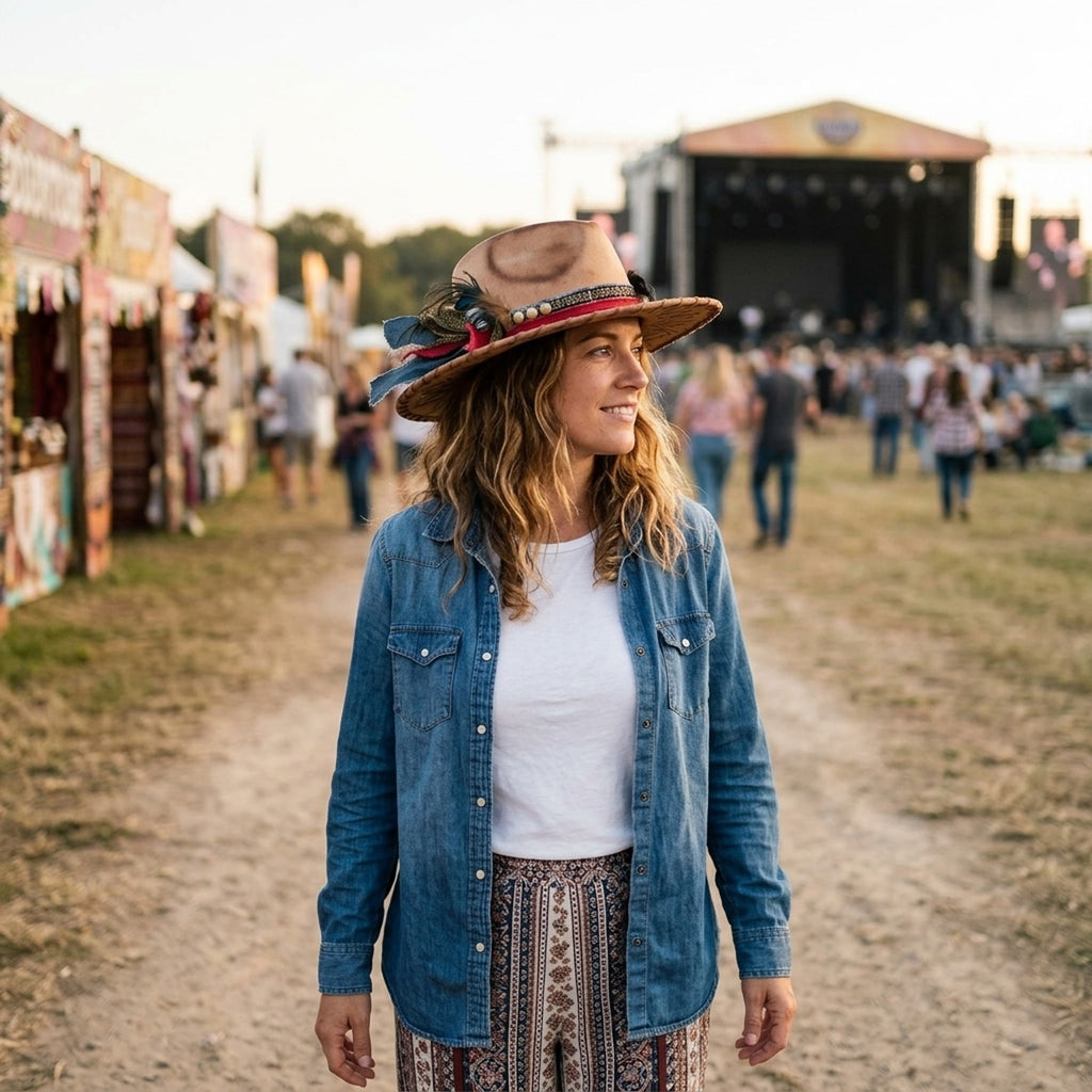 Tan Festival Cowboy Hat with Mandala Pattern and Gold Studs