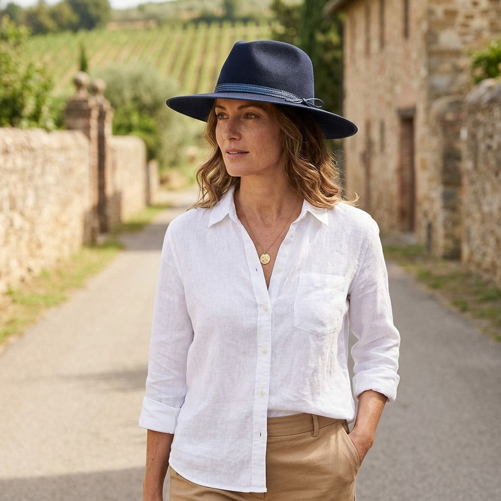 Navy Wool Felt Fedora with Braided Rope Band and Tasseled Trim