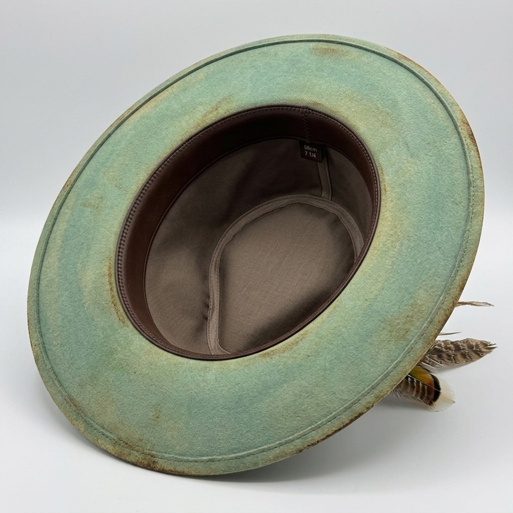 Aged Teal Fedora with Paisley Band and Natural Feather Detail