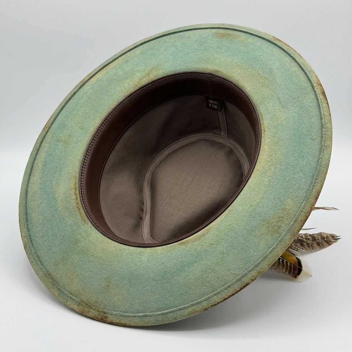Aged Teal Fedora with Paisley Band and Natural Feather Detail