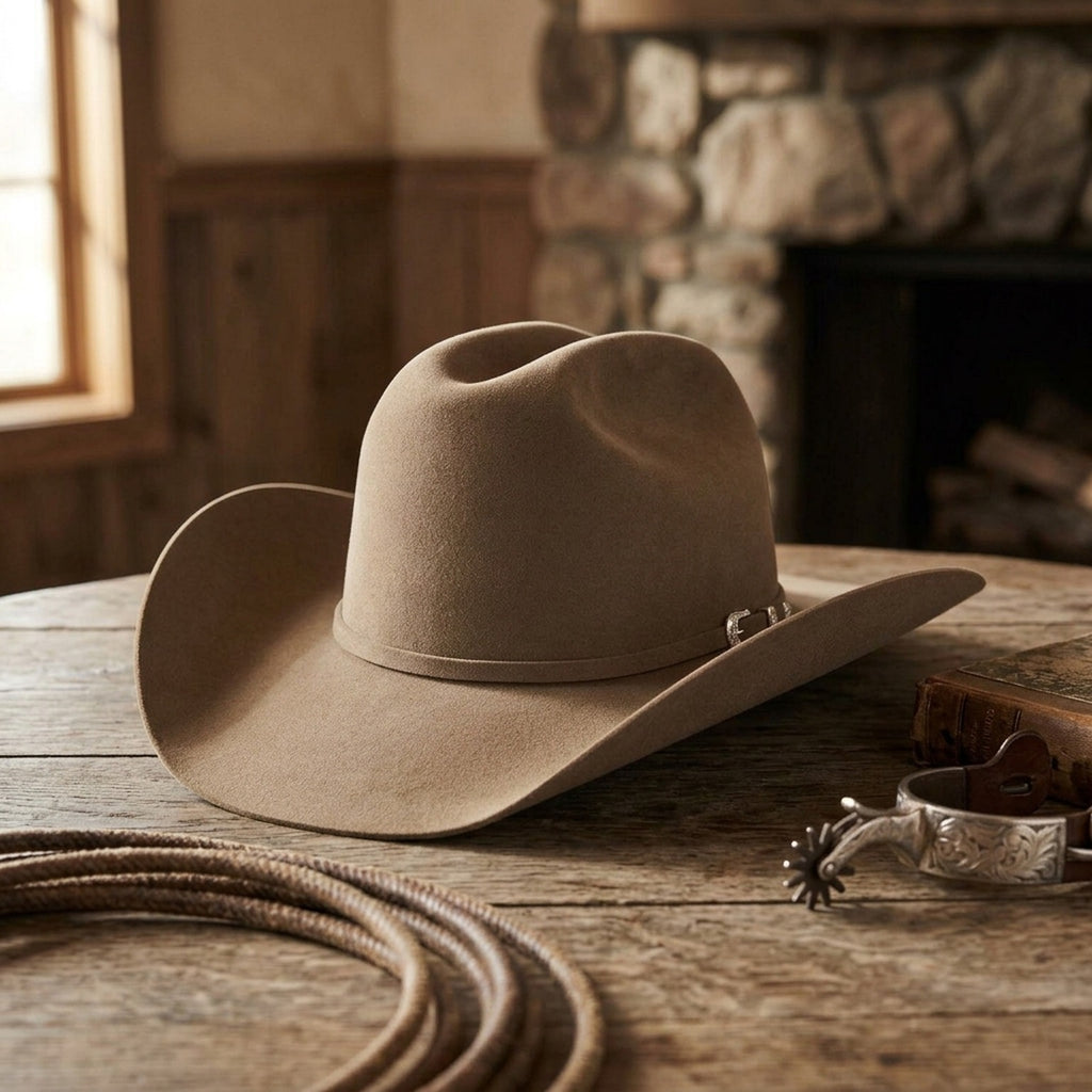 Camel Brown Felt Cowboy Hat with Pinched Crown and Curled Brim