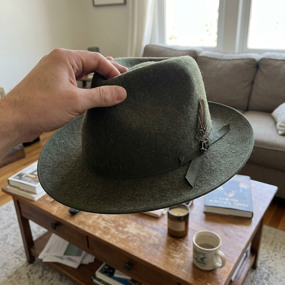 Olive Green Wool Felt Fedora with Grosgrain Band and Feather