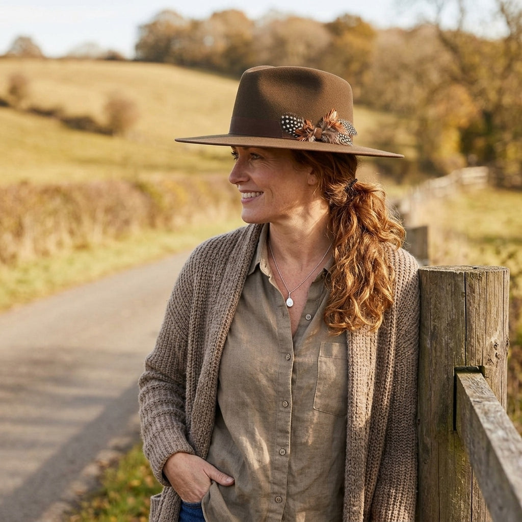 Unisex Brown Wide Brim Fedora with Feather Accent