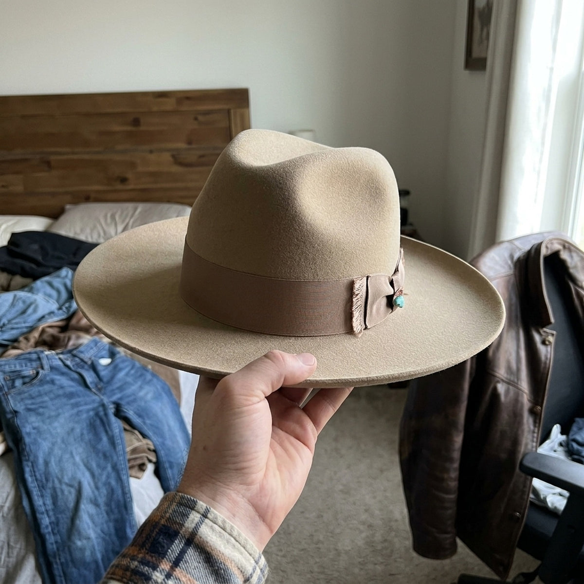 Camel Wool Felt Fedora with Grosgrain Band and Feather Bead Trim