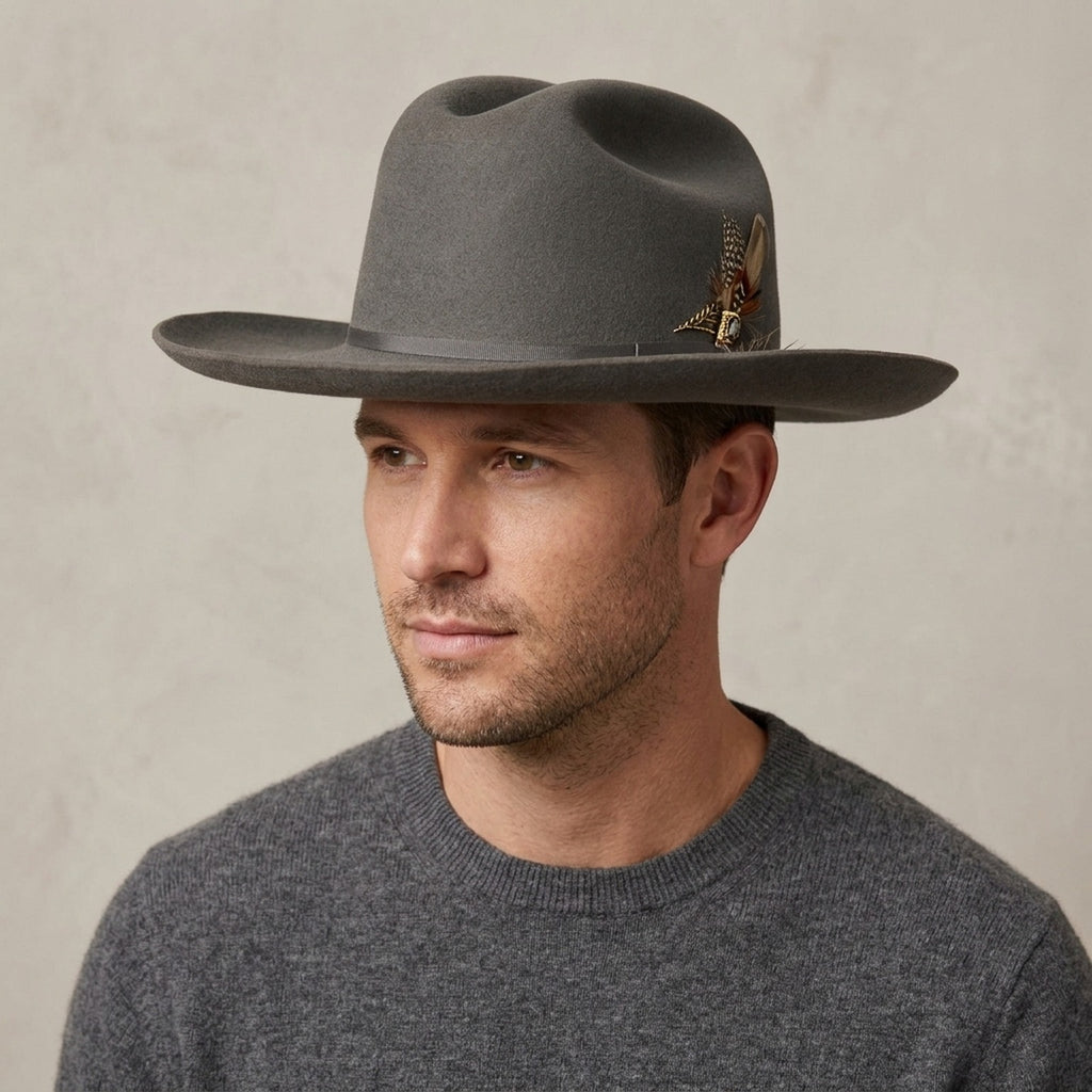 Unisex Gray Wool Felt Western Hat with Feather Band