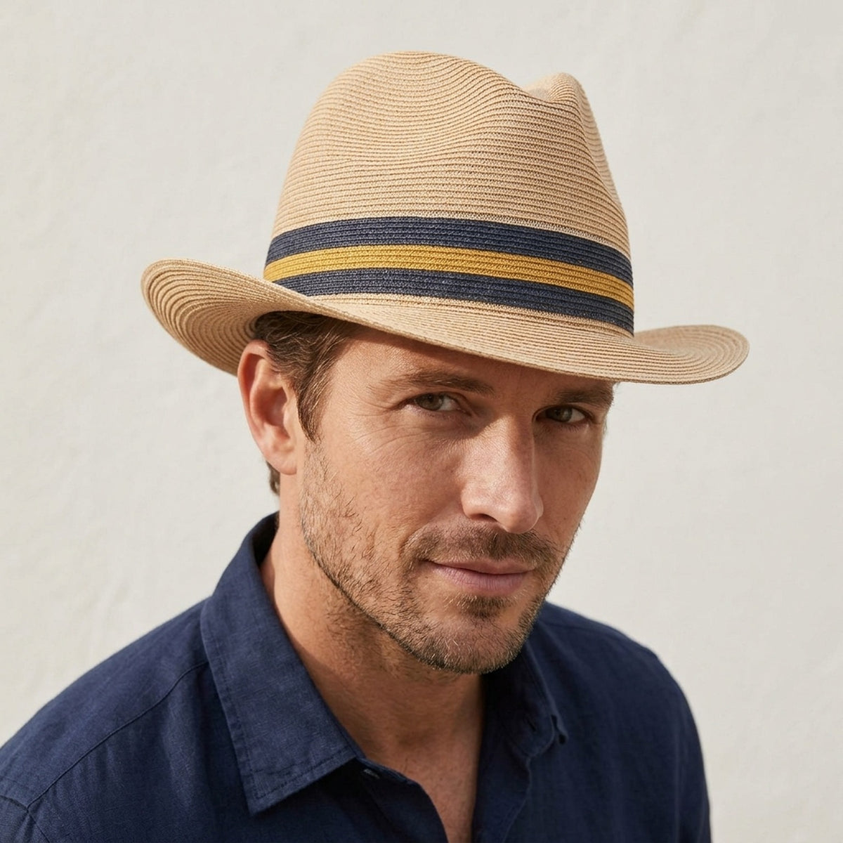 Tan Straw Fedora Hat with Navy and Mustard Striped Grosgrain Band