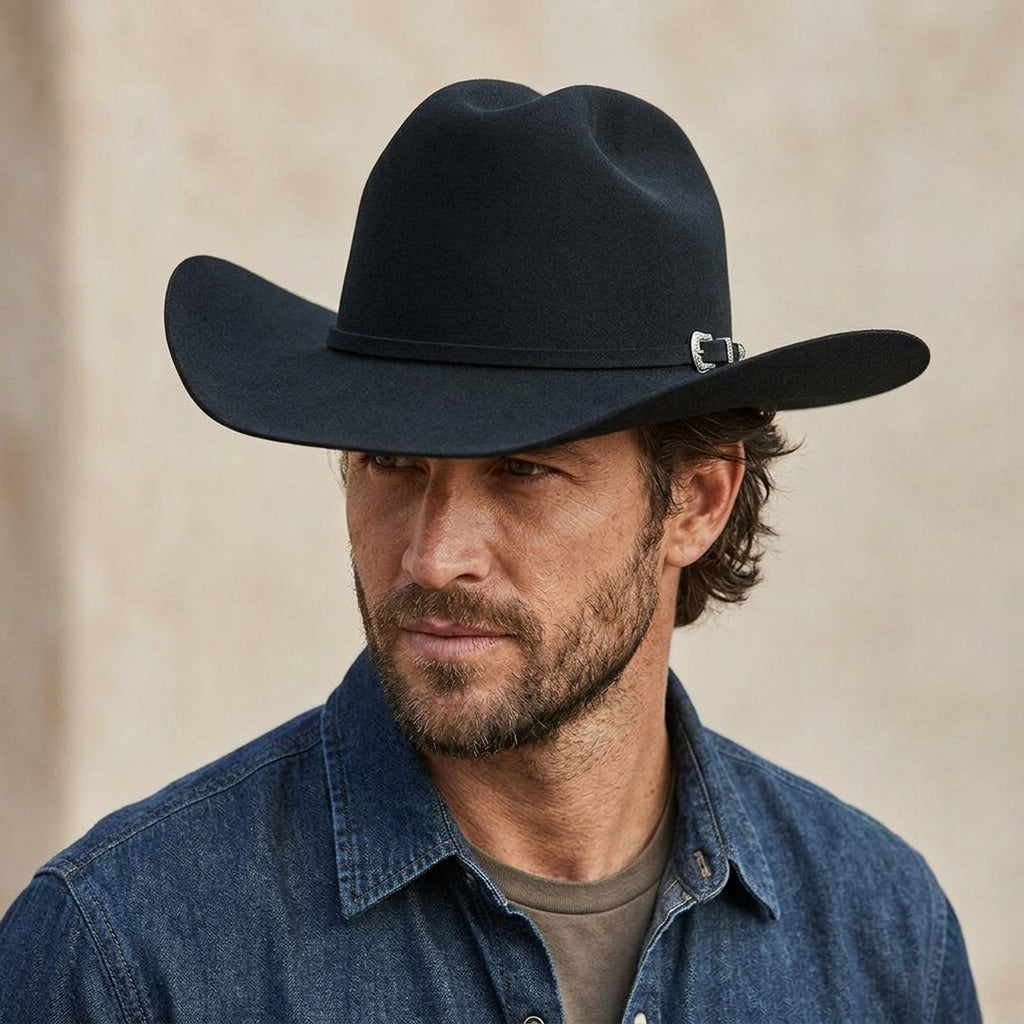 Navy Blue Felt Cowboy Hat with Pinched Crown and Wide Brim