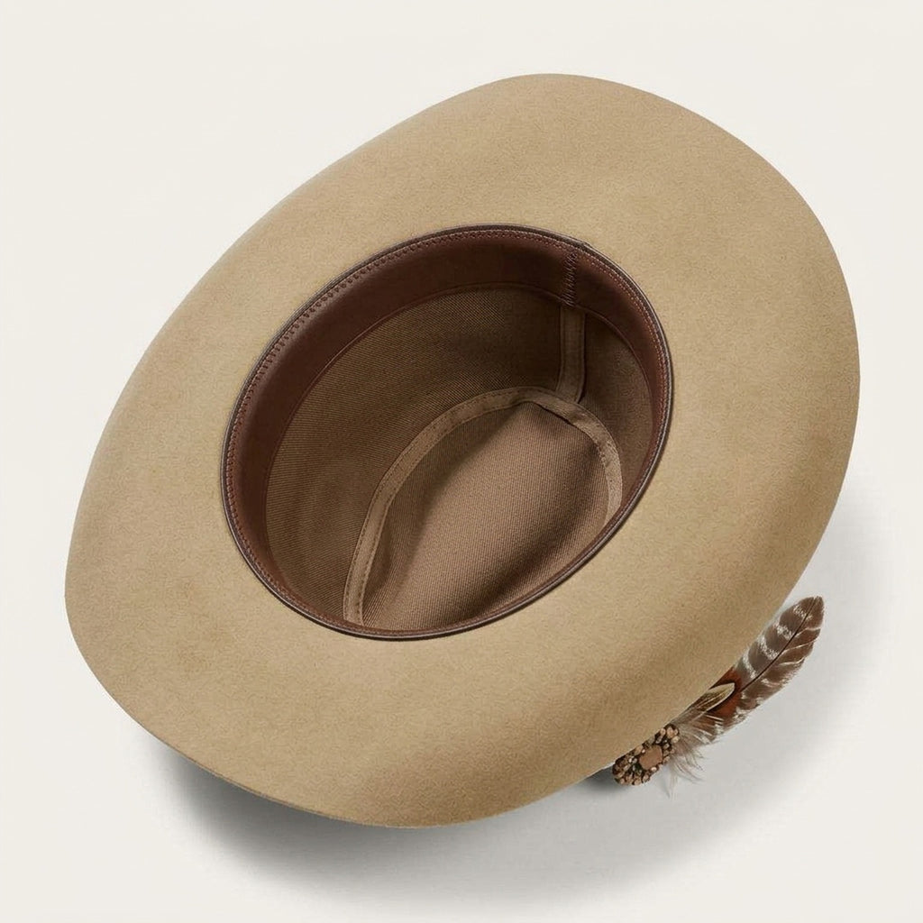 Tan Felt Cowboy Hat with Feather and Studded Leather Band