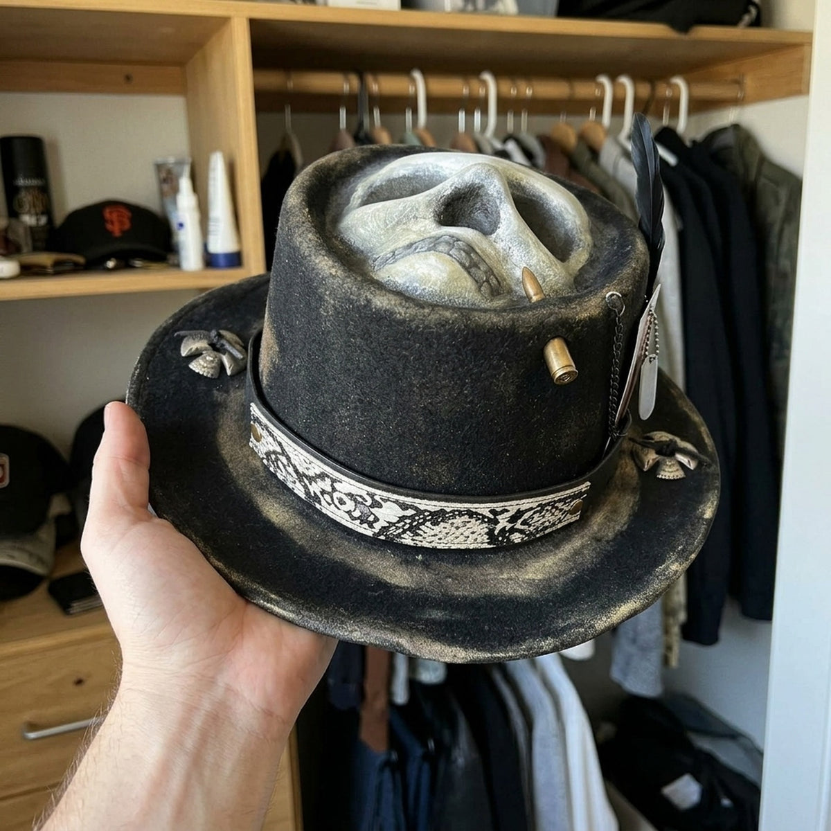 Black Top Hat Skull Crown Bullet Accents Snake Band Gothic Western