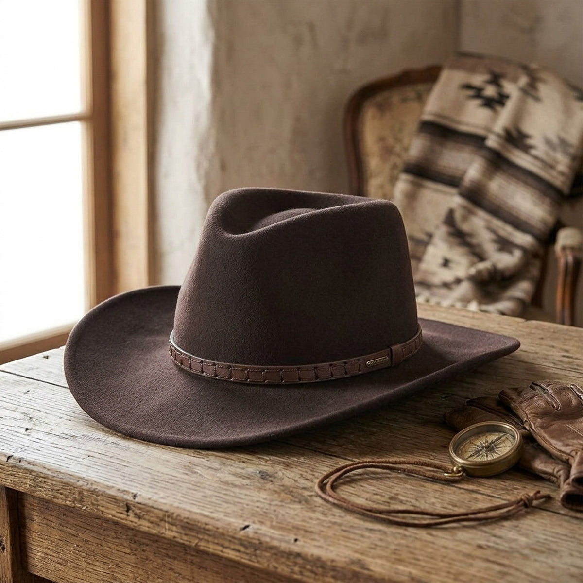 Dark Brown Felt Western Hat with Stitched Leather Hatband