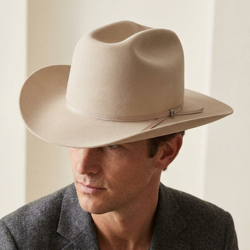 Light Beige Wool Felt Western Hat with Strap and Pin Detail