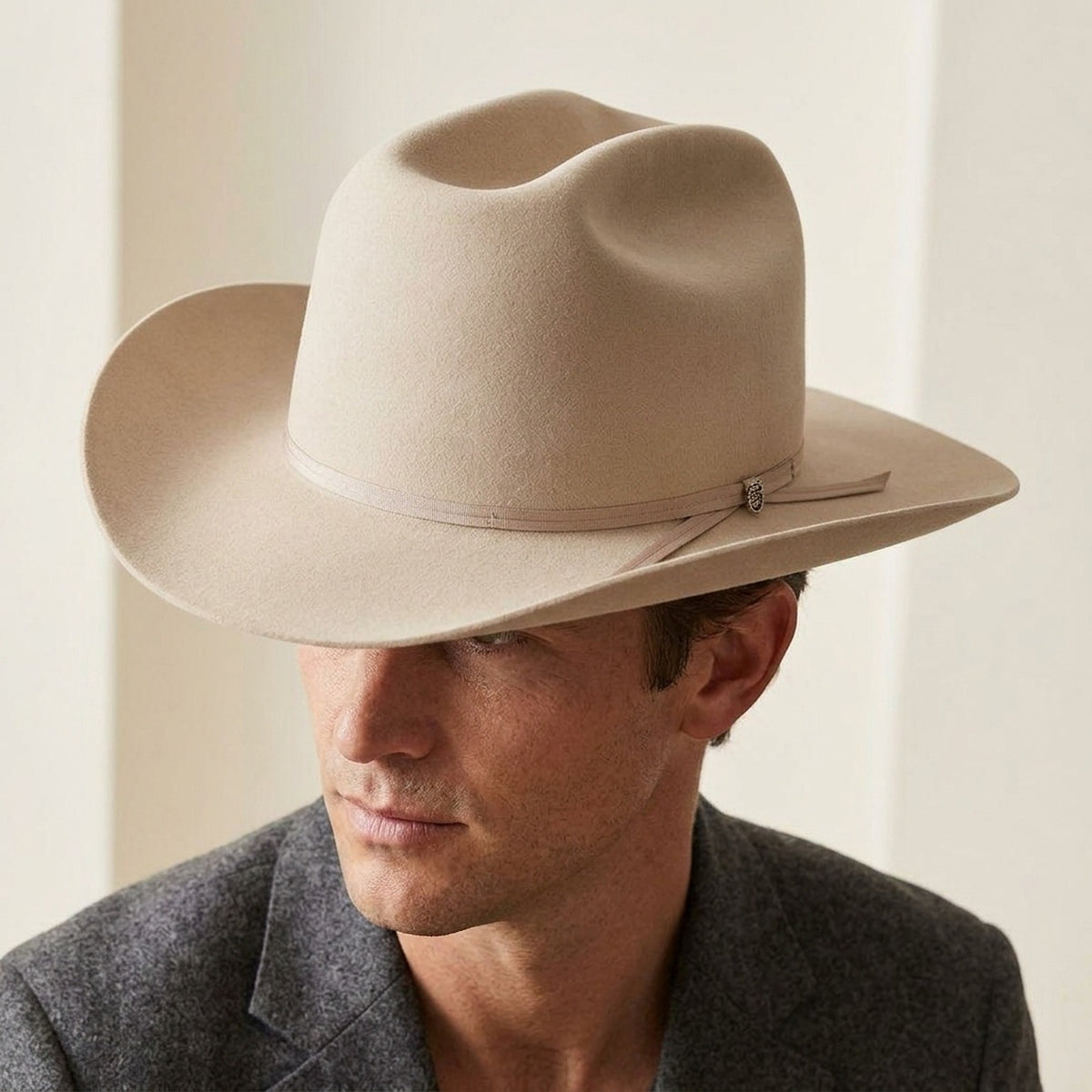 Light Beige Wool Felt Western Hat with Strap and Pin Detail