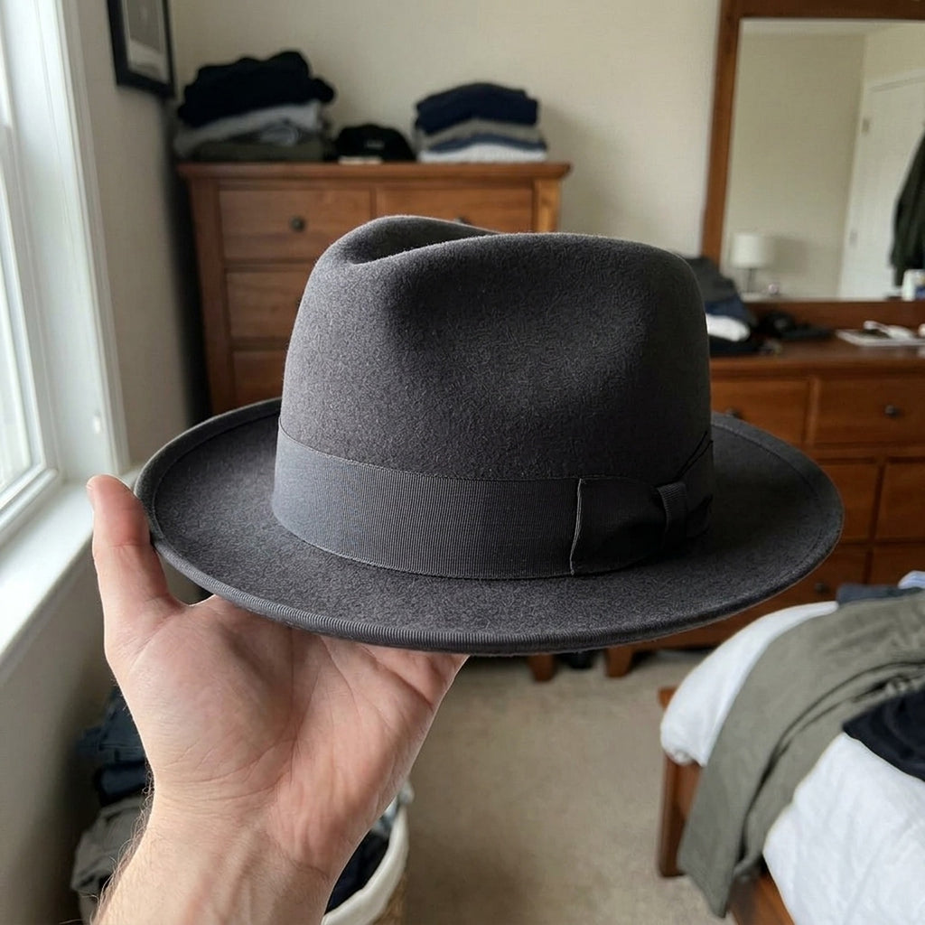 Black Wool Felt Fedora Hat with Ribbon Bow and Brim Trim