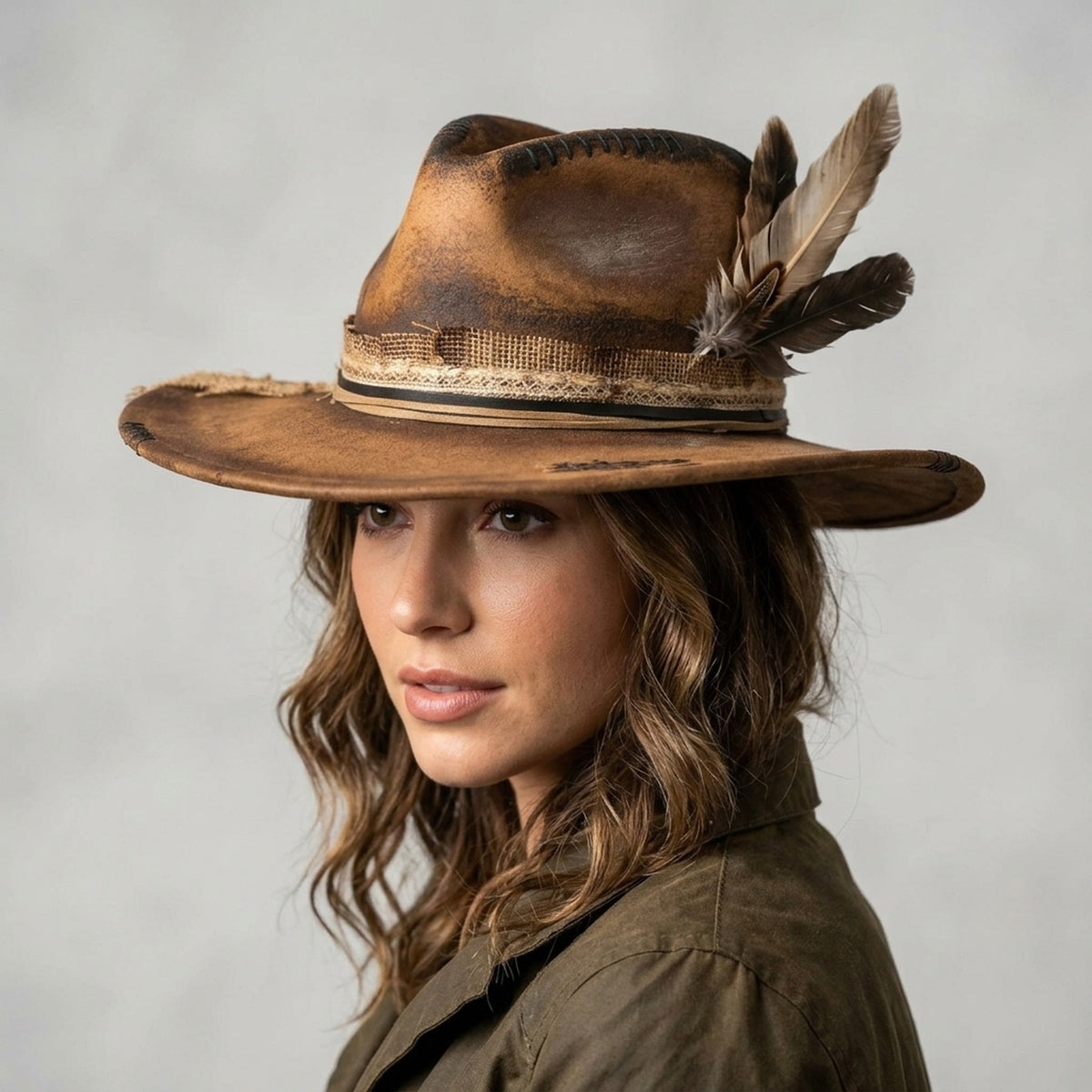 Brown Distressed Fedora Burlap Band Feather Cross Stitch Boho Western
