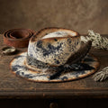 Splatter-Print Pork Pie Hat with Bandana Band and Feathers