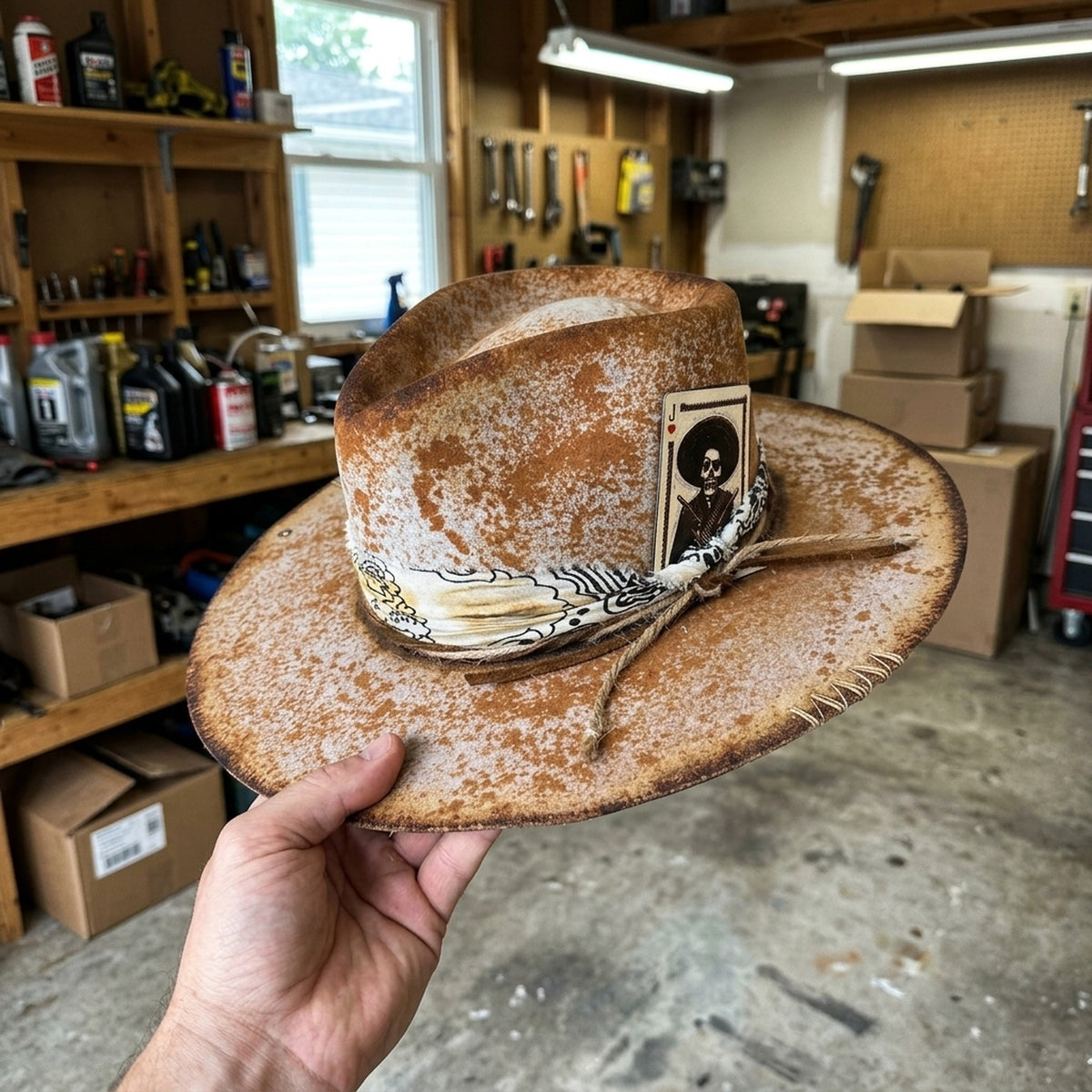 Distressed Tan Cowboy Hat with Skeleton Card and Paisley Bandana