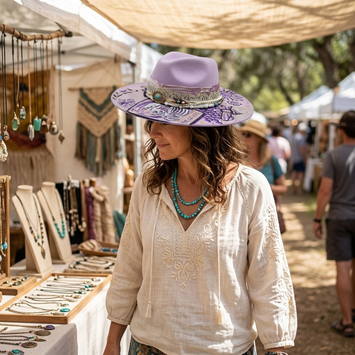Lavender Felt Fedora with Tarot Lovers Card Rhinestone Concho