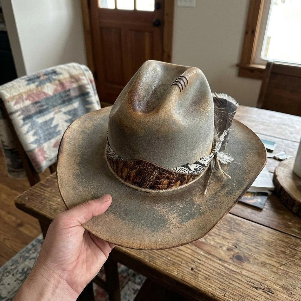 Weathered Tan Western Hat with Croc Leather and Bandana Band