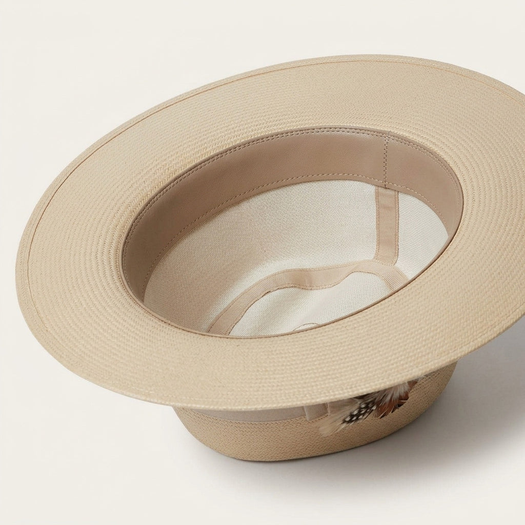 Unisex Beige Wide Brim Straw Fedora with Satin Feather Band