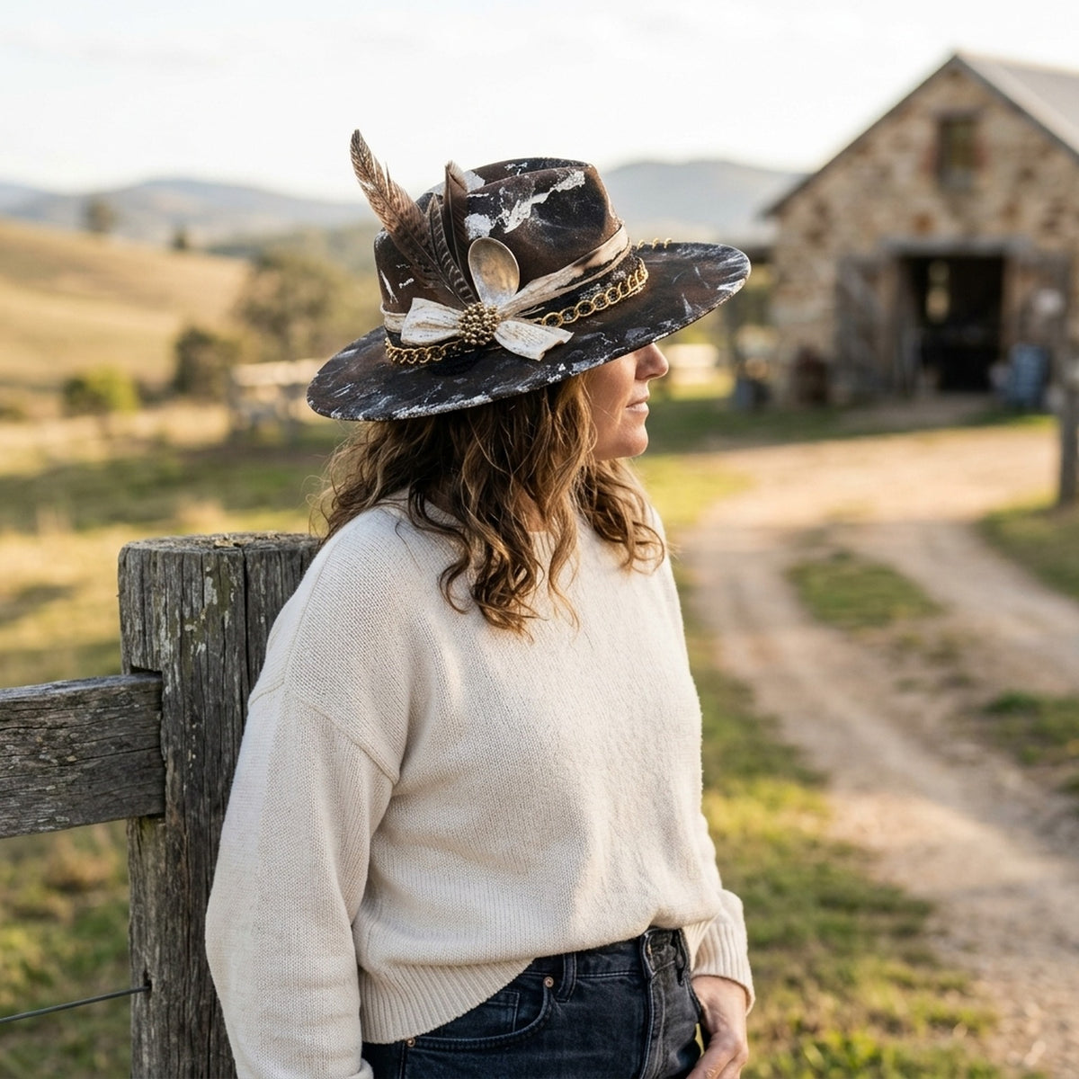 Distressed Brown Felt Western Hat with White Splatter Paint