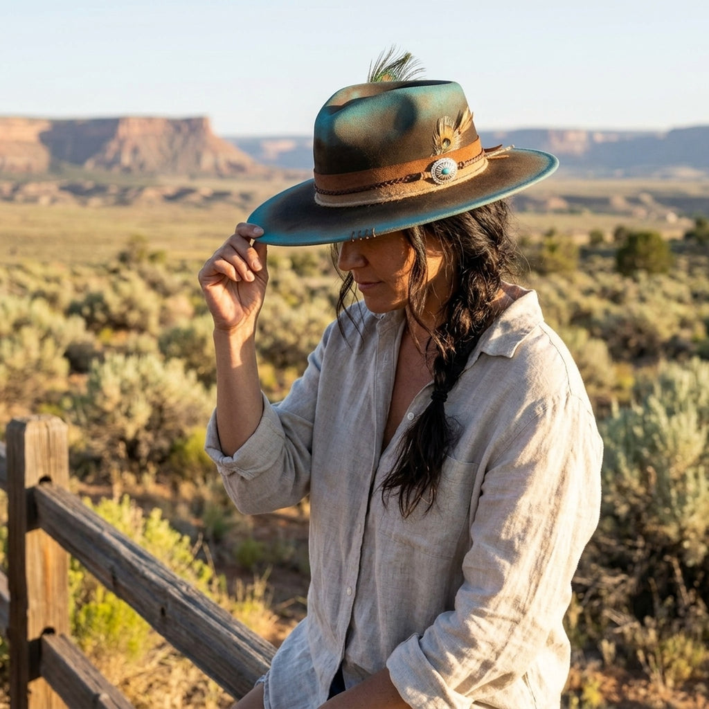 Teal Ombre Felt Western Hat Suede Band Feather Trim
