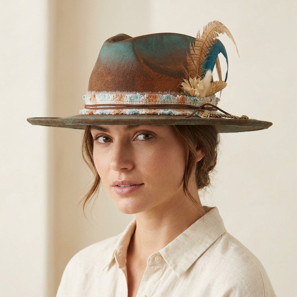Distressed Brown Teal Two-Tone Felt Fedora with Feather Cluster