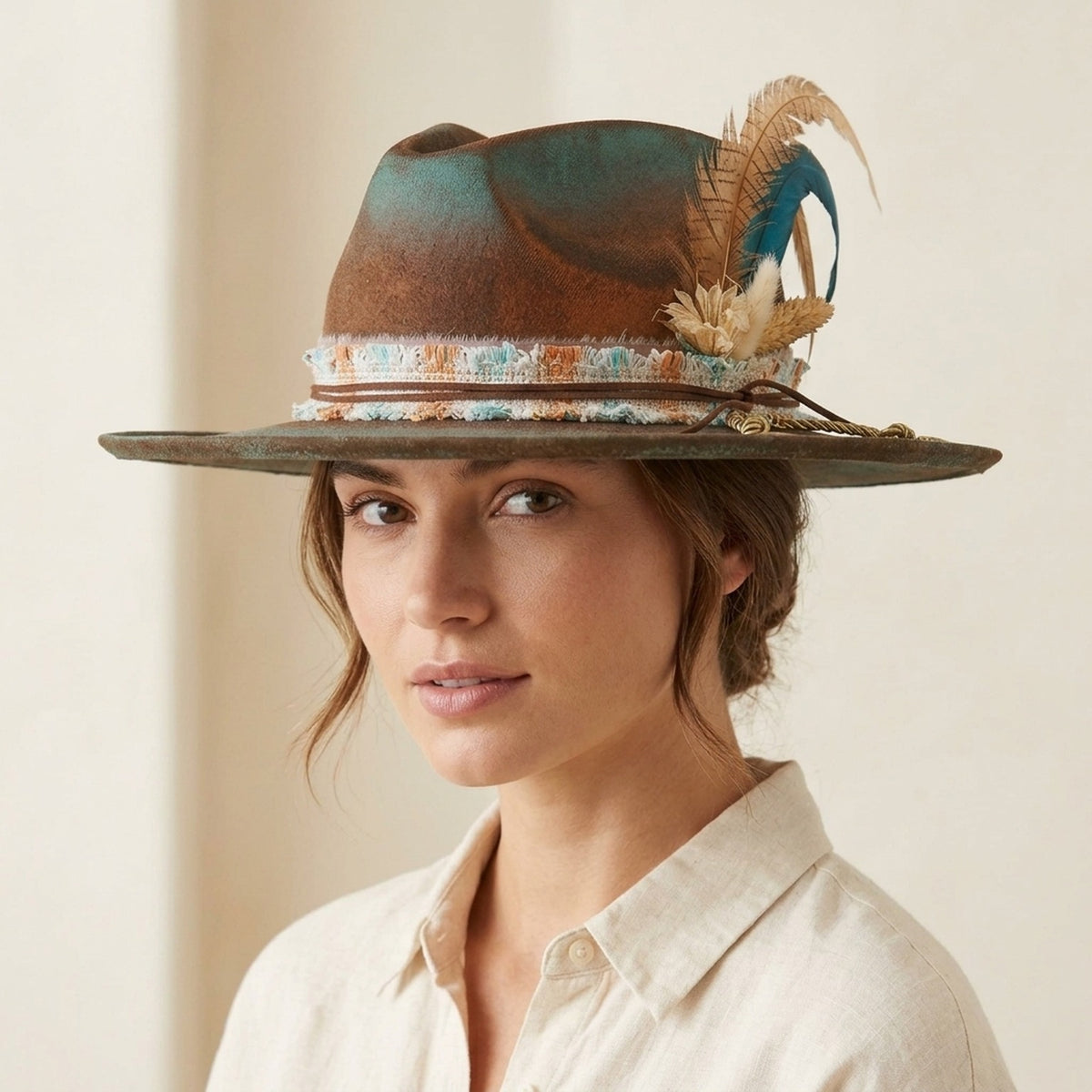 Distressed Brown Teal Two-Tone Felt Fedora with Feather Cluster